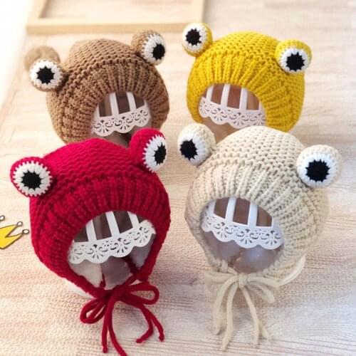 Lovely Frog Eyes Baby Hat Knitted Baby Boys Girls Hat Bonnet With Lacing Outdoor Children Cap Beanie Winter Warm Hat For Kids