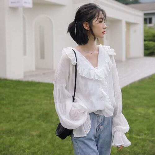 Elegant Women V-neck Ruffle Neck Chiffon Blouse Spring Long Lantern Sleeve Shirt Blouse Casual Autumn Office Lady Tops