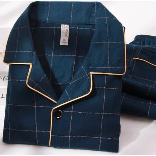 Plaid Cotton Pajamas for Men Long Sleeves Winter Pijama Hombre Button-Down Sleepwear PJ Cotton Nightwear Pyjama Homme Plus Size