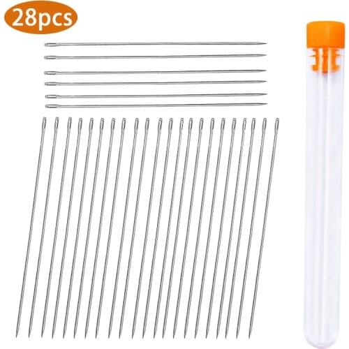 LMDZ 28 PCS Steel Large Big Eye Embroidery Long Straight Beading Sewing Needles Assorted Size Jewelry Tool With Needle Bottle