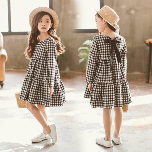 Girls Clothing Autumn Kids Dresses For Girl Plaid Children Dress Bow Tie Patchwork Kids Dress Vestidos Teenage Clothes For 4-14Y