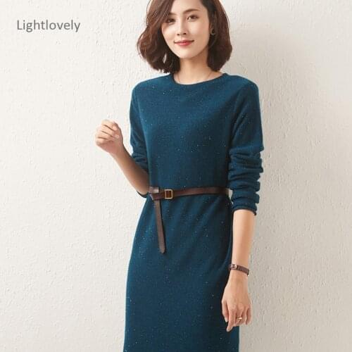 Fashion Womens Cashmere Sweater Dress 2021 Autumn Winter 100% Pure Wool Sweater Dresses Ladies Loose Plus Size Knitted Dress