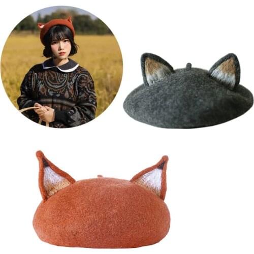 Women Girls Retro Beret Cap Cute 3D Cat Fox Pointed Ears Faux Felt Painter Hat F3MD