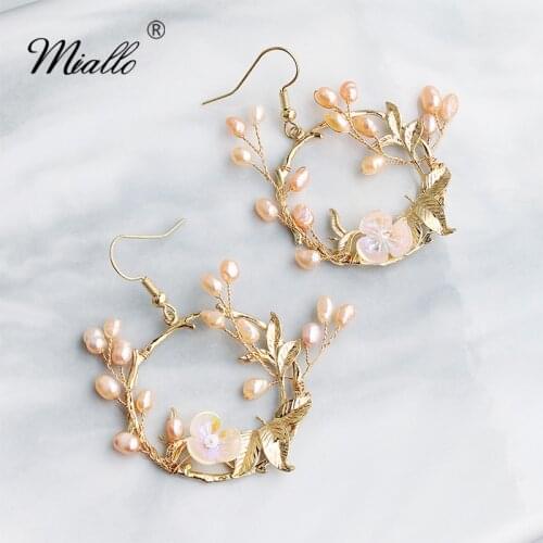 Miallo Luxury Handmade Freshwater Pearls Wedding Earrings Gold Flowers Bridal Drop Earrings Big Lady Eardrop