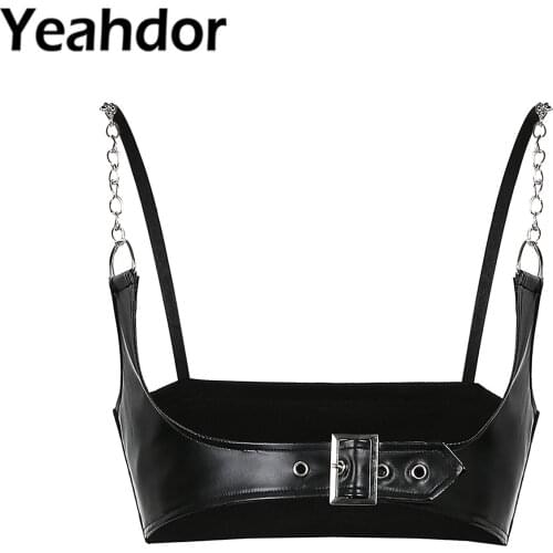 Steampunk Womens Strap Harness PU Leather Corset Crop Top Metal Chain Push Up Bustier Backless Strap Tank Vest Top Streetwear