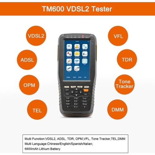 All-in-on Multifunction TM600 VDSL2 Tester (ADSL2+/OPM/ VFL/TDR/Tone Tracker/TEL) Multi Language English Spanish Italian 6600mAh