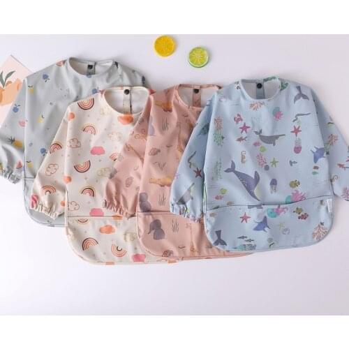 XXFE Cartoon Printed Waterproof Bib with Pocket Baby Infants Long Sleeve Feeding Drawing Painting Apron Newborn Smock Burp Cloth