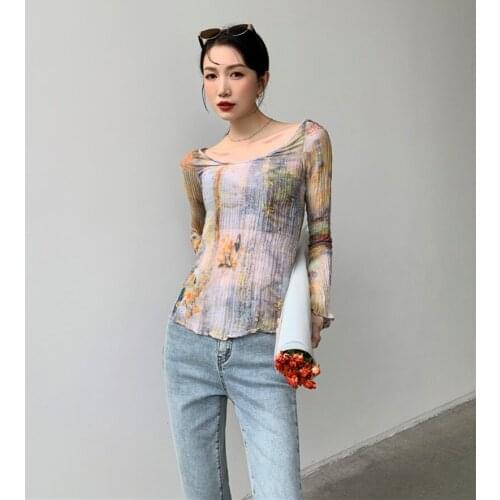 Sunset Print One Word Collar Long Sleeve Casual Tops Women 2021 Korean Spring Clothing