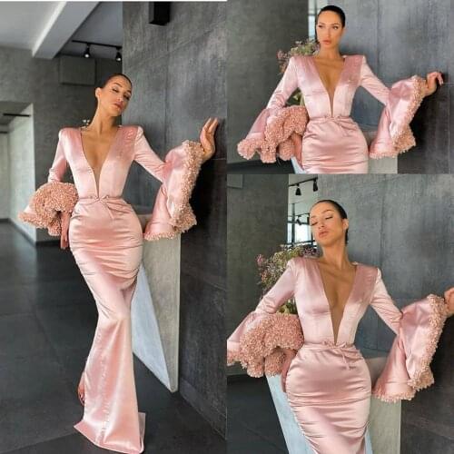 Pearl Pink Mermaid Evening Dresses 2021 Sexy V-neck Floral Long Sleeve Arabic Dubai Prom Gown vestidos formales