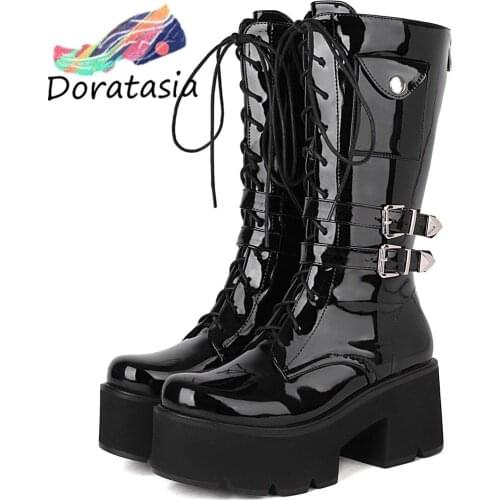 DORATASIA Big Size 44 Women Motorcycle Boots Solid Zipper Lace Up Buckle Mid Calf Chunky Heel Platform Women Winter Street Shoes