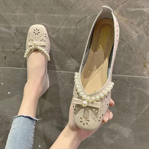 2021 Spring and Summer Korean Version of Soft Sole All-match Hollow Pearl Shallow Mouth Flat Sole Elegant Ladies Single Shoes
