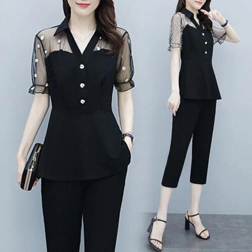 2 Piece Set Women Casual Fashion V Neck Lace Patchwork Short Sleeve Tops +Wide Leg Pants 2 Piece Outfits Women Black Set 4XL 241