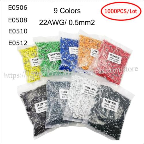 1000pcs Insulated terminal E0508 E0510 E0506 E0512 insulated cord end terminal 22AWG cable size 0.5mm2 copper pp.nylon 9 colors