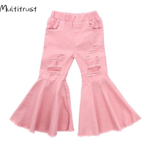 2020 Girls Pants Fashion Style Jeans Flared Trousers Children Toddler Baby Kids Denim Bottom Boot Cut Hole Pink Pants