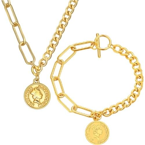 316L Stainless Steel Round Coin OT Buckle Elizabeth Bracelet Necklace Set Wedding Jewelry Set No Fade