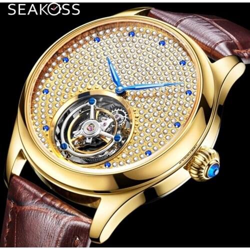 Luxury Mens Real Tourbillon Watch Sapphire Full Diamond Dial Blue Pointer Sport Fashion Men Tourbillon Mechanical Leather Watch