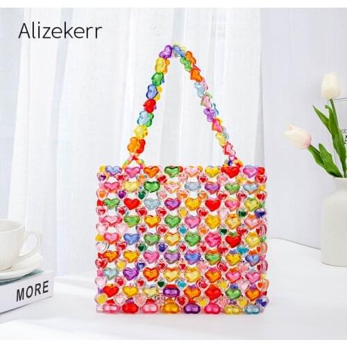 Color Heart Shaped Beads Handbag Women 2021 New Summer Hand Woven Hollow Out Small Square Beaded Kawaii Purses And Handbags Cute