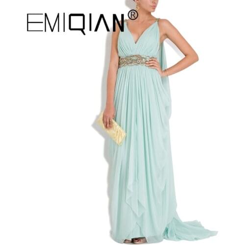 V Neck Backless Long Chiffon Pageant Dresses,Gold Beaded Evening Dresses,Formal Evening Gowns