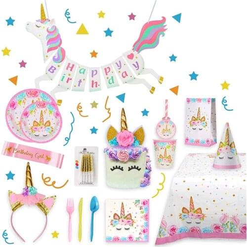 Unicorn Theme Birthday Party Decorations Unicorn Paper Hat Napkins Plate Girl Happy Birthday Gifts Sets WQ01