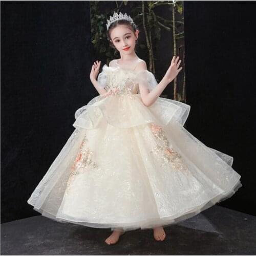 Elegant Champagne Girls Appliques Princess Dress Bridesmaid Pageant Long Gown Toddler Kids Birthday Party Wedding Vestidos