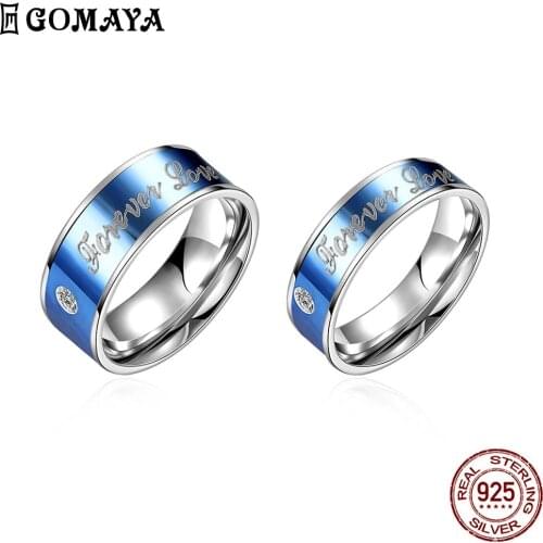 GOMAYA Stainless Steel Rings For Lovers English Letters Inlay Zirconia Blue Valentines Day Gifts Define Love Fashion Jewelry