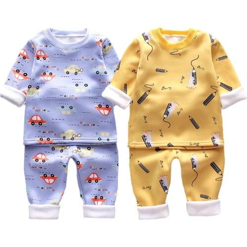 Toddler Baby Boys Clothing Set Autumn Thick Plus Velvet Suit For Kids Full Print Cartoon Car And Pencil Cute Children Outfit