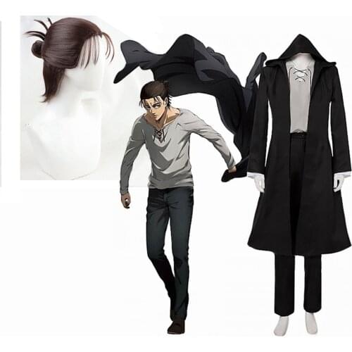 Eren Jaeger Cosplay Costume Anime Attack on Titan Final Season 4 Wig Black Hooded Trench T-shirt Pants Suit Shingeki No Kyojin