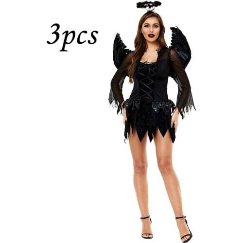 Halloween Black Angel Cosplay Costumes Ghost Vampire Feather Fairy Wing Fantasy Oversize Dress Party Suit Carnival Sets Female