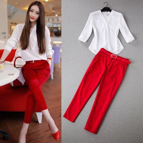 Red Women Summer Suits Blouse Shirt Two-piece Suit Brands Loose V-Neck Chiffon Shirt Tight Ankle Pants Women Sets Belt Office