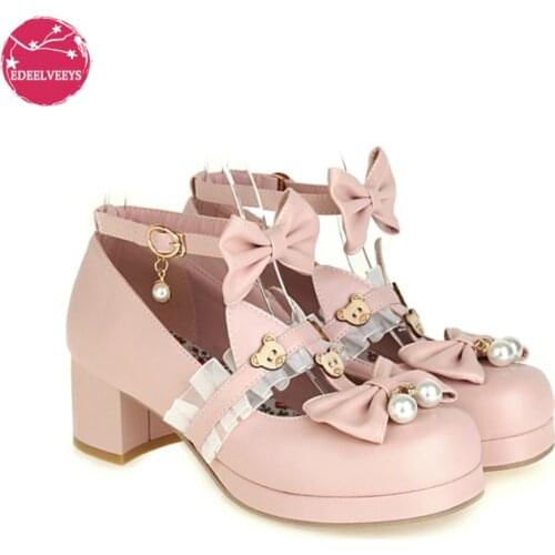 Kawaii Women Pu Leather Lolita Shoes Lace Up Middle Heel Collage Student Girls Round Head Cosplay Party JK Uniforms Cartoon Bear
