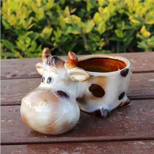 Milk Cow Miniature Flower Pot | Porcelain, Creative, Ceramic Beef Succulent Planter, Novelty Crafts for Bedroom, Balcony and Gar