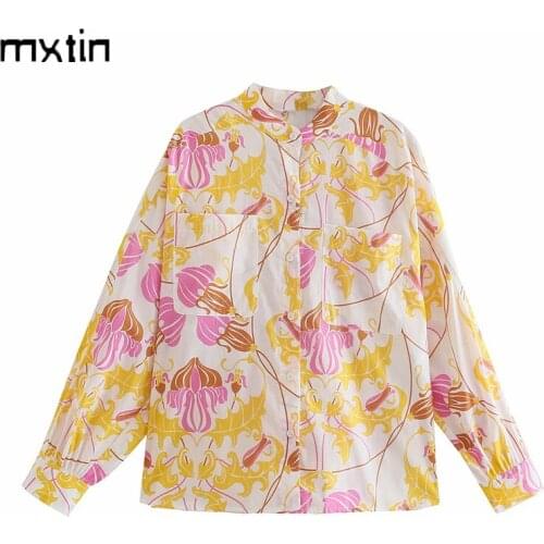 MXTIN 2021 Women Spring Vintage Floarl Print Single Breasted Blouses Fashion O-Neck Long Sleeve Female Shirts Blusas Casual Tops