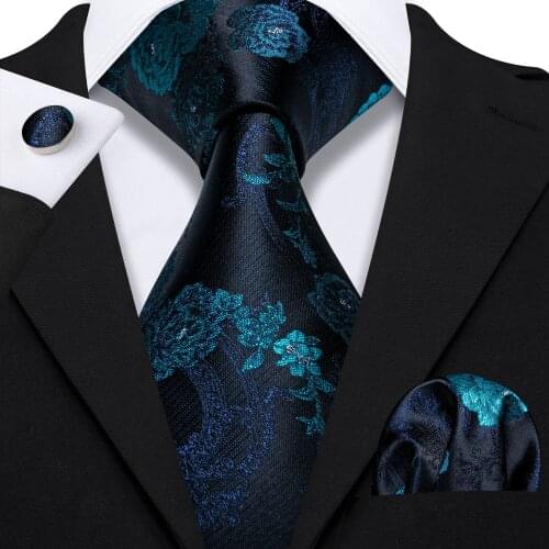 Blue Floral Silk Necktie Fashion Tie Set Handkerchief Cufflinks Cravat Tie For Men Wedding Business Party Gift Barry.Wang