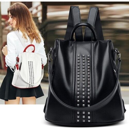 New Rivet Designer Women Backpack Female High Quality Soft Leather Book School Bags For Teenage Travel Back Pack Rucksacks 2021