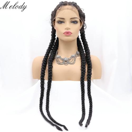 Melody Wigs Long Braided Wig 1B Black Color Hair Highlight Big Braiding Synthetic Lace Front Wig with Four Braids for Women