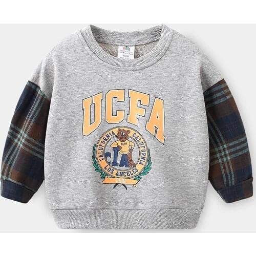 2021 Spring New Kids Hoodies 2-8 Y Baby Boy Korean Plaid Splicing Sleeve Sweatshirt Fashion Letter Print Pullover for Boy Hoodie