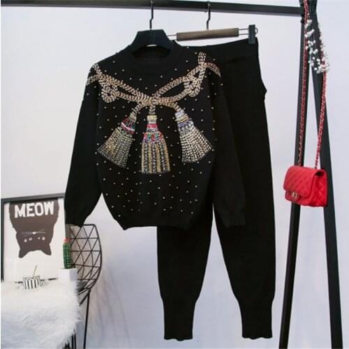 Spring Fashion Black Knitted Tracksuit Outfits Women Handwork Beading Sweater Pullover Pencil Pants Loose Casual Knit Set Female