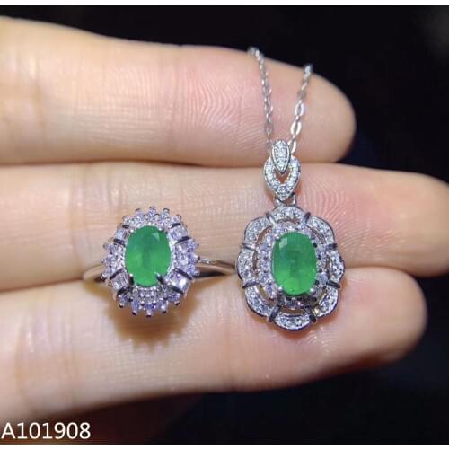 KJJEAXCMY boutique jewelry 925 sterling silver inlaid Natural emerald pendant ring set necklace support test