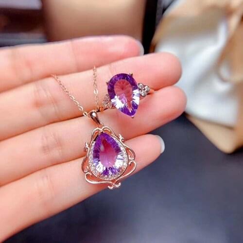 S925 Natural Amethyst Jewelry Sets for Women Party Necklace and Ring Fine Jewelry Real Violet Crystal Gifts Water Drop S19
