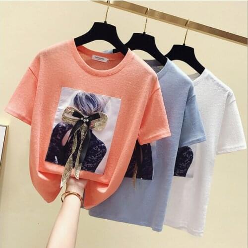 Trendy womens 2020 summer new Korean round printed short-sleeved T-shirt loose bow tie diamond top tshirt harajuku