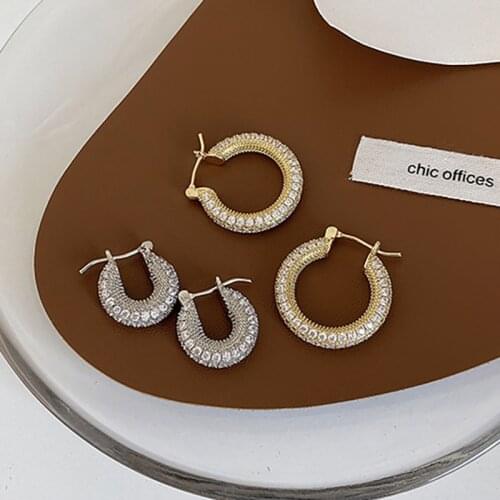 French Vintage Full Zircon Gold Silver Blingbling Hoop Earrings for Women Party Fashion Chunky Crystal Hoops Statement Earring