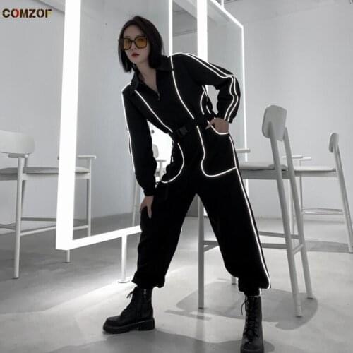 Reflect Light Striped Women Jumpsuit Long Sleeve Black 2021 Autumn High Waist Bodysuit Harajuku Clothing Overalls Mono Mujer