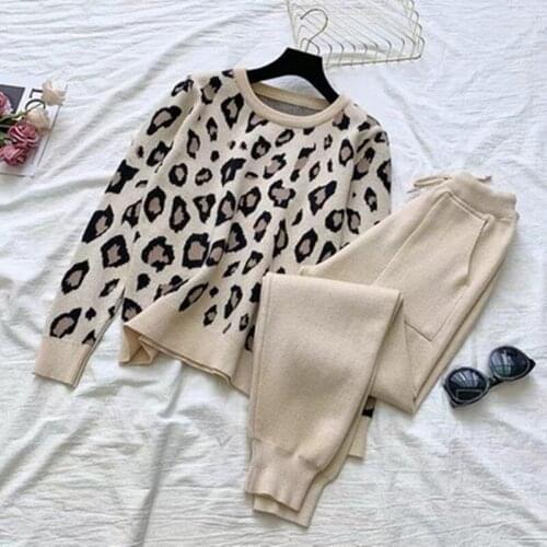 Women Autumn Tracksuits 2 Piece Sets Ladies Elegant O Neck Leopard Knitted Pullover + Chic Elastic Knitted Pencil Pants Suits