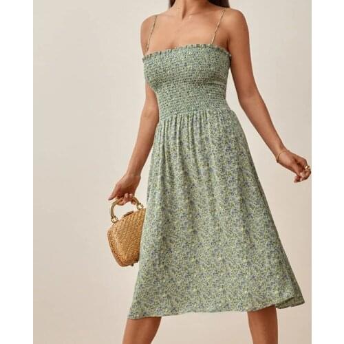 2021 Summer women beach Bandage Sundresses vintage floral Tie-string Dresses Bohemia Strap Vestidos elegance Retro Midi Dress