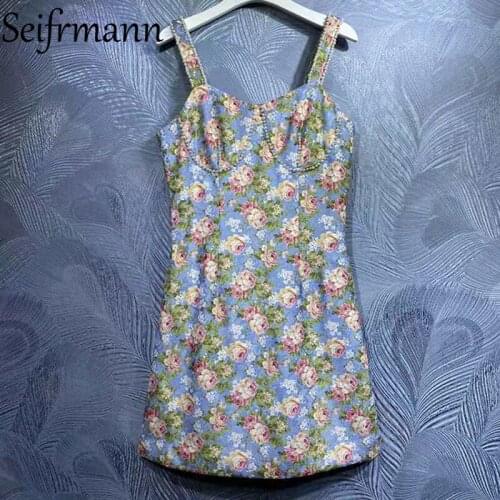 Seifrmann New 2021 Autumn Women Fashion Runway Mini Dress Sexy Spaghetti Strap Gorgeous Beading Rose Floral Print A-Line Dresses