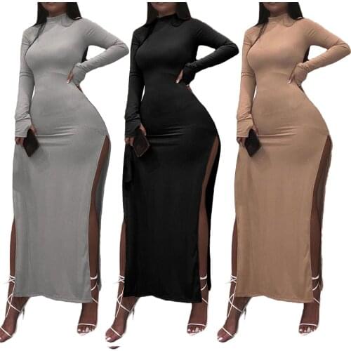 Women Close-fitting Slit Dress Solid Color Long Sleeve Turtleneck Black/ Grey/ Khaki