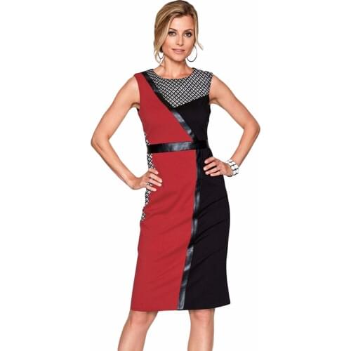 2018 New Arrival Summer Womens Fashion Blue Red Black Asymmetric Patchwork Leather Trim Sheath Dress