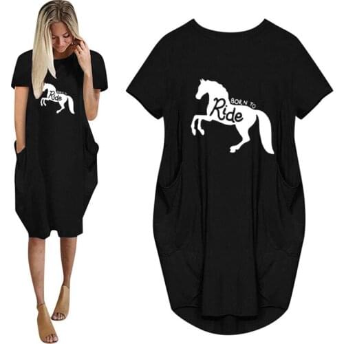 Summer Born To Ride Horse Letter Print Women Casual Loose Dress With Pocket Ladies Fashion O Neck Long Tops Female T Shirt Dress