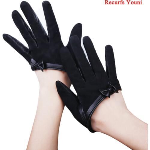 Winter Women 100% Suede Genuine Leather Half Palm Gloves Female Real Leather Bow-knot Black/Wine Red Fahion Show Flip Fur Luvas