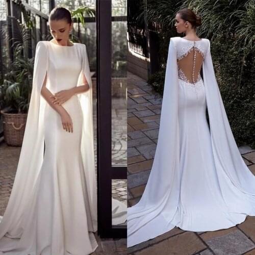 2021 New Mermaid Wedding Dresses with Wrap Cloak Satin Bridal Gowns Lace Applique Buttons Back Sweep Train Vestidos De Noiva